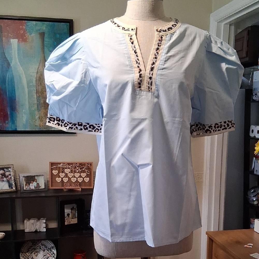 The Beaufort Bonnet Company Light Blue Blouse with Animal Print Accents